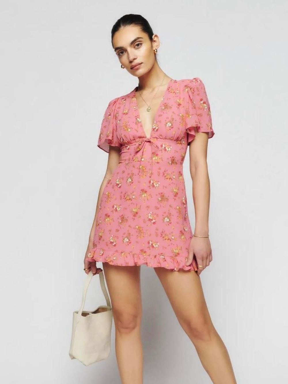 Reformation Pink Floral Ruffle-Trim Mini Dress - Picture 4 of 4